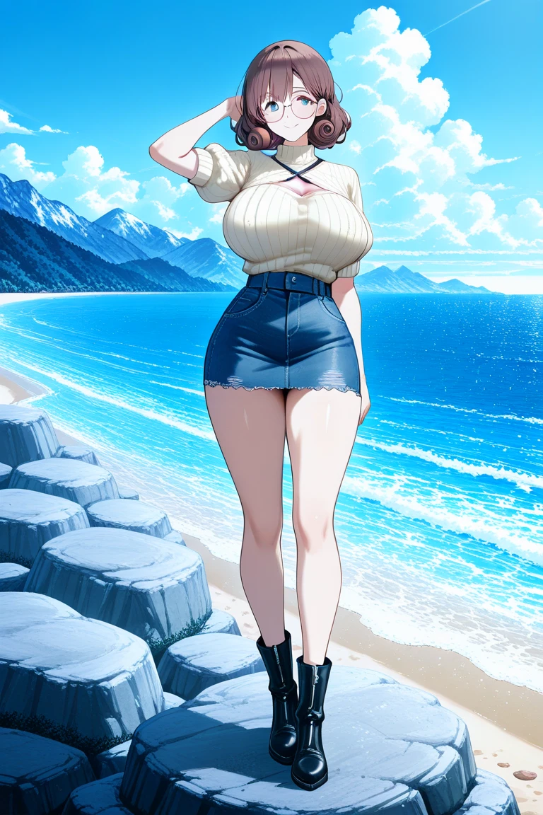 1 girl, very big breasts, very sexy body, 1 girl in, a smile, looks at the viewer, black shirt, super short white school miniskirt, full body, giant breasts, cleavage, giant breasts, heels, background in the mountains 1 girl , with big breasts. long legs QUEEN huge tits, (cleavage), high legs, (standing), sexy and muscular body. short skirt.4k hd
