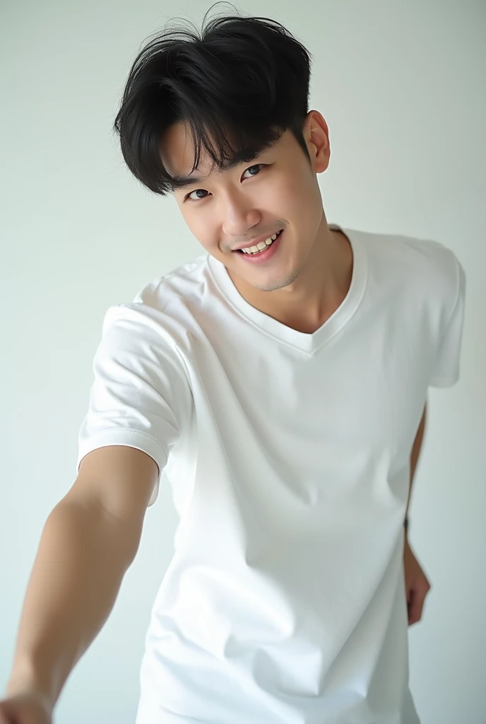 Masterpiece, high quality, best quality, HD, realistic, perfect lighting, detailed face, detailed body, 1 man, short black hair, white t-shirt, (smile emoji: 1.5) (happy face: 1.5), mop in hand, mopping floor, toilet, school toilet, surrounded by toilet