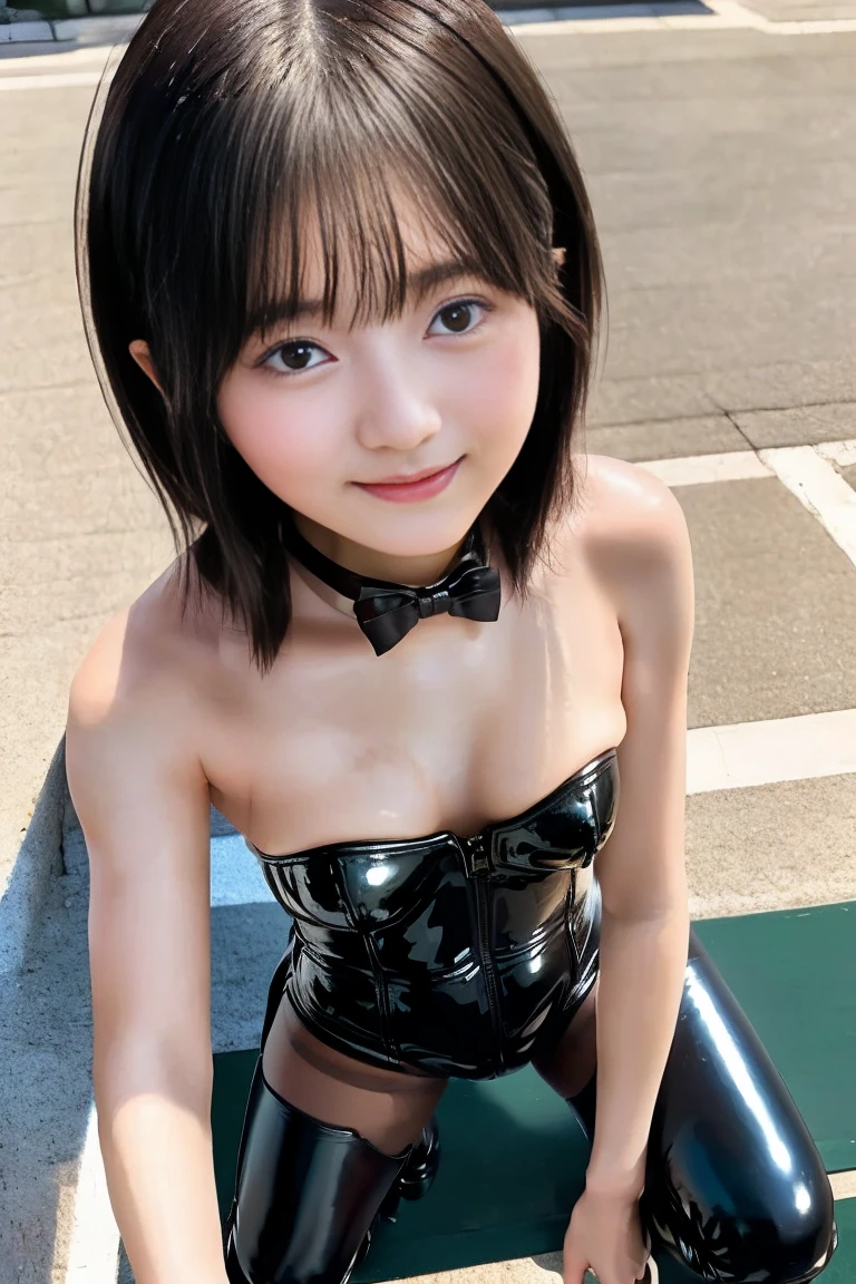 triangle-bikini,(open mouth:1.5),(tongue out:2),standing,Hands Behind Back,Collar with leash,front view,from above,cowboy shot,(1girl,Beautiful 14 year old girl,teenager),((Slender,Small breasts,Small face,)),(looking at viewer),Black Hair,bangs,straight,Beautiful and detailed,Stairs in buildings