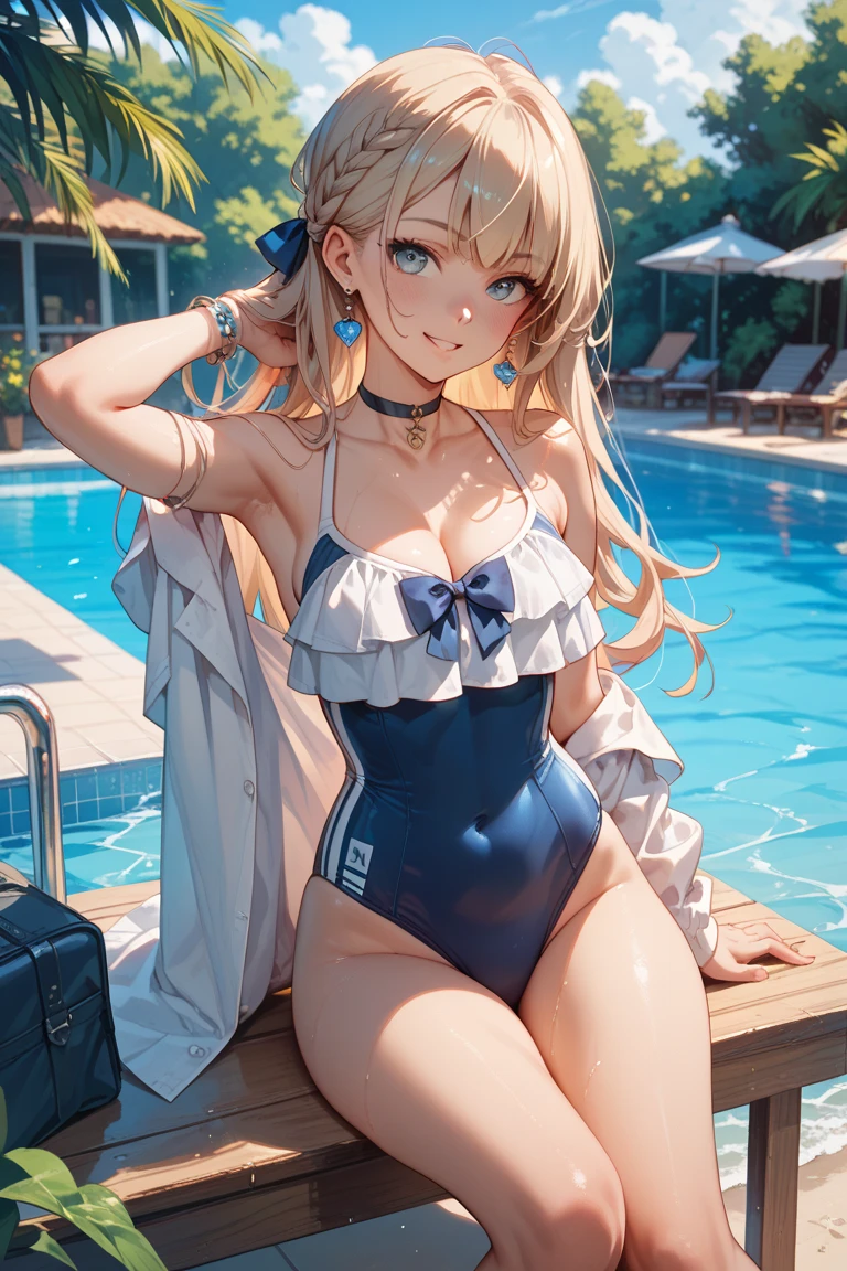 Beautiful illustration、top-quality、cute it girl、(transform sequence)、Japan Maid Uniform、((Blue swimsuit))、10y old、eletaryeautiful girl、Fractal Art、baby-face、((stright long haiBeaut big drooping eyes、A smile、Full Body Display、Western-style garden、(1 persons)、long-sleeve、Calm sea(knee high socks)、is standing、