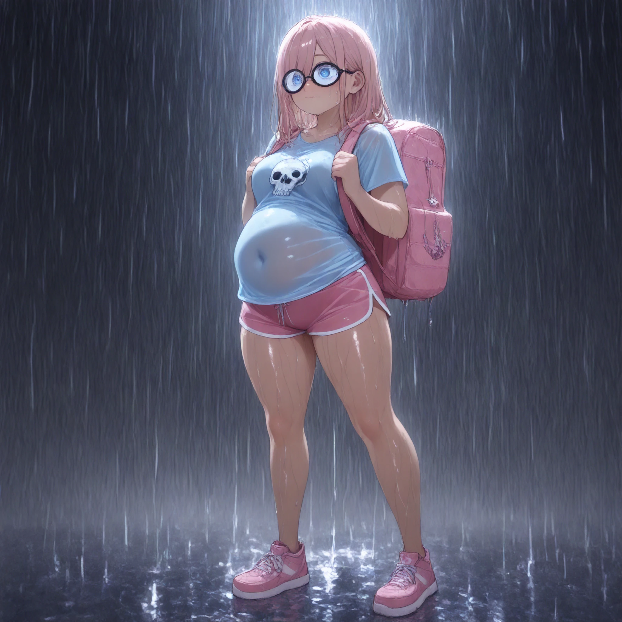 1girl, blue eyes, brown medium length hair, (wearing kakhi dolphin shorts, light blue t shirt with a skull graphic on it, small circular glasses, large pink backpack over one shoulder), (midriff peek) (arched back), (love handles) , (medium stuffed belly) (fat face:1.1), covered navel) (college campus background, (aquiline nose), eyes visible through hair, solo, (), (full body shot), best quality, masterpiece, (score_9), (score_8_up), (score_7_up), (weight conscious emotions:1.1), , perfect shadows , masterpiece, best quality, 8K, detailed, (specular thunderstorm lighting), (rain and thunderstorm), (wet hair) (wet t shirt) (top part of belly wet, shoulders wet, chest wet on top) (shielding her eyes from the rain)