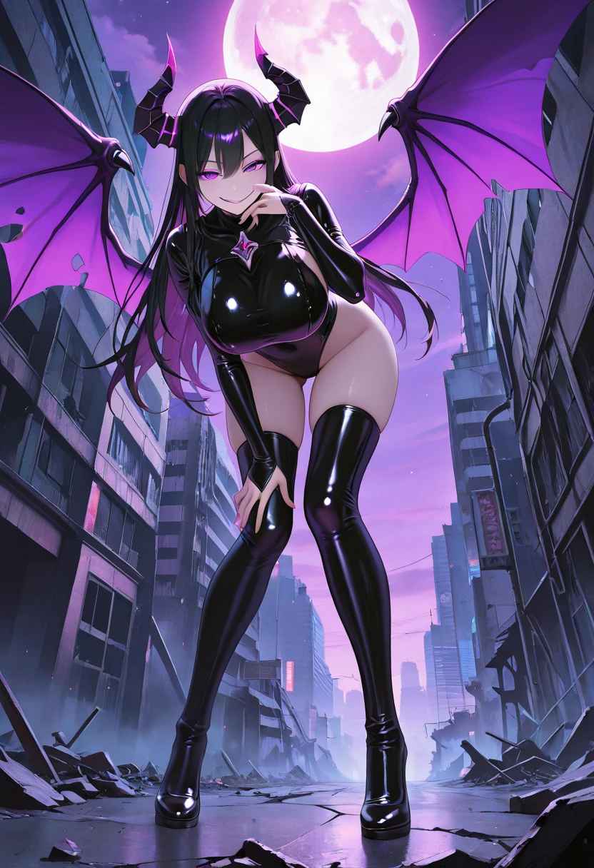 Aerial View,Giant girl 50 feet tall,Have a pair of long legs,Possessing a pair of huge demon wings,Has black waist-length hair,Loose hair,Wearing a pair of Mary Jane shoes,black curly hair,A look of enjoyment,Standing tall in a destroyed city,Beautiful appearance,Exquisite makeup,quality,8k,high quality,(governor:1.5),perfect proportions, Cinema lighting, film grain, Fuji colors, 8k, textured skin, Super details, high detail, high quality, high resolution,explode,fake smile,black stockings,blood stains,脚底有blood stains