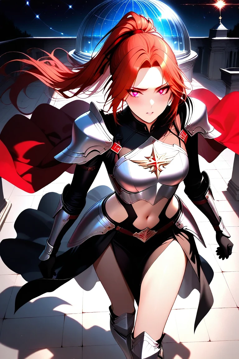 erza scarlet, half silver color steel breast plate with a cross pattern, bright red pupil, super mini battle skirt, holding giant silver boardsword, high pony tail, perfect body shape, 16k, sharp angel aura, steel hand glove, holy tattoo, long silk leggings, scarlet red color hair,silver color stylish Pauldrons