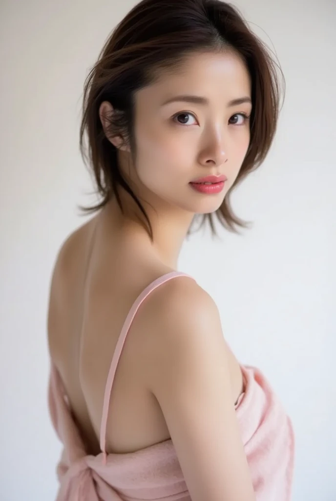 Real, Best Quality, Girl, Childish Adult Beauty, High Resolution, Natural Skin, Portrait, Looking at Camera, Photo_Light, {{}}, Ulzzang-6500-v1.1:0.8 Facing forward, standing upright, no makeup, in front of an inorganic white wall indoors, string bikini, eyes wide.