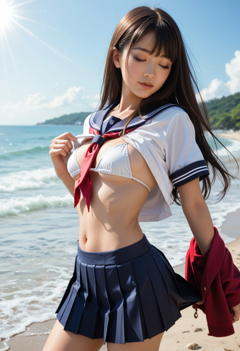 1girl in , 12 old, Happy smile, Blue eyes, masutepiece, Best Quality, Detailed, Lori, 
a junior high school student, Short sailor suit, Lori, tits out, Beautiful belly、On the way to school, (slender:1),
japanse, small brest, Vulgarity, The wind is blowing, Sky blue seaside,NSFW