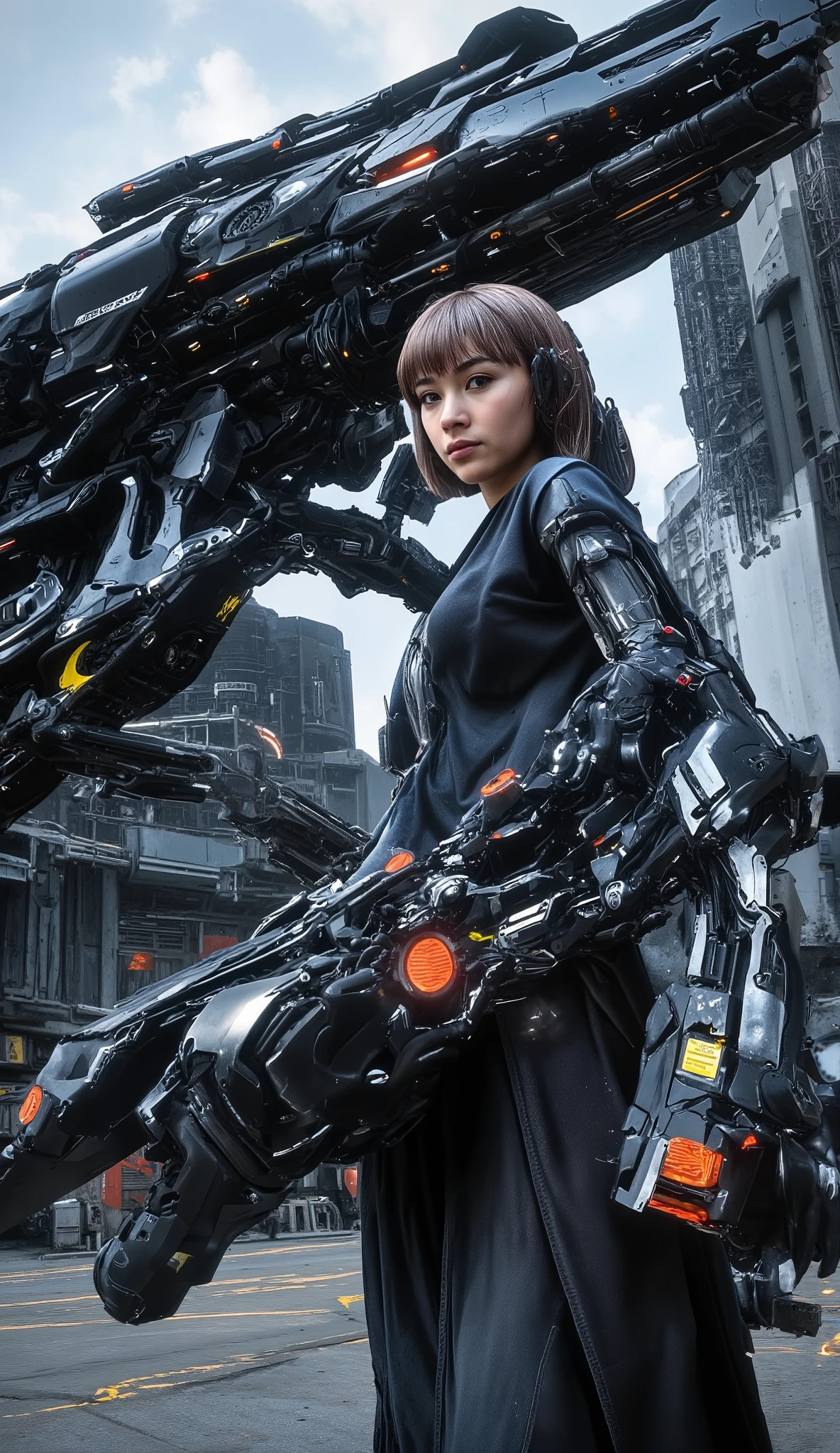 high definition, 3 peopleのチーム,female soldier with biomechanical sniper rifle,Large device with a girl in a cyborg suit standing with a gun ,Short hair with bob cut , 3 people,Future City,Heavy machinery,