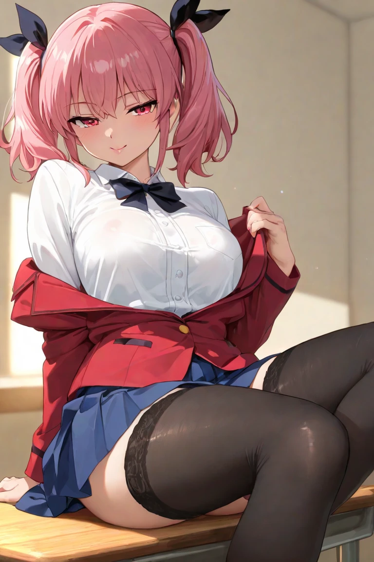 nsfw,cherry blossom cream, short hair, ribbon, Green Eyes, hair ribbon, Pink Hair, Ahoge,
skirt, Plaid, Plaid skirt, shirt, white shirt, collared shirt, Jacket, Long sleeve, Captivating smile,masterpiece,Noise Reduction,Perfect Anatomy,High resolution, Very detailed,Game CG,Dutch Angle ,Beautiful attention to detail,Visual Arts,Five Fingers, Perfect hands, Perfect lighting,
Cowboy Shot、(White panties)、(from below),(,arms behind back,)、Sit on a chair、Spread your legs、