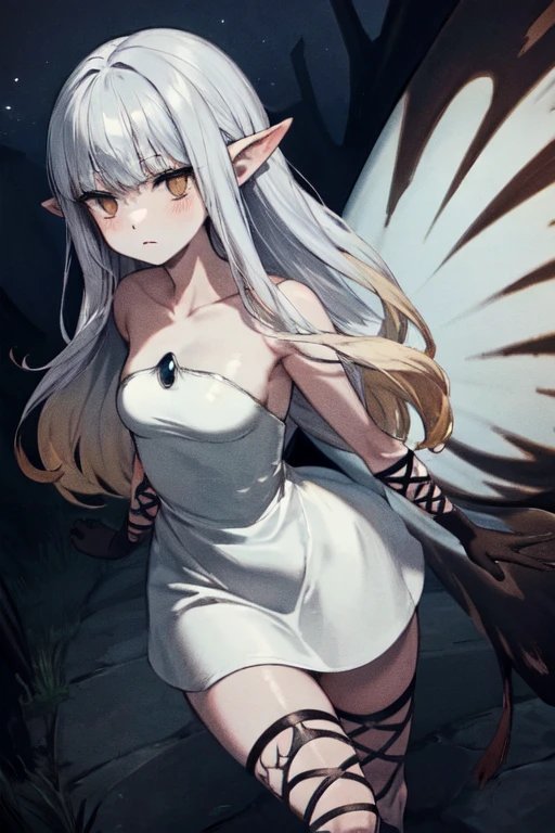 Pirotess dark elf. 1girl, white silver long hair, tellow eyes, white dress, black stockings, white high heels, jewelry necklace, fur coat, portrait