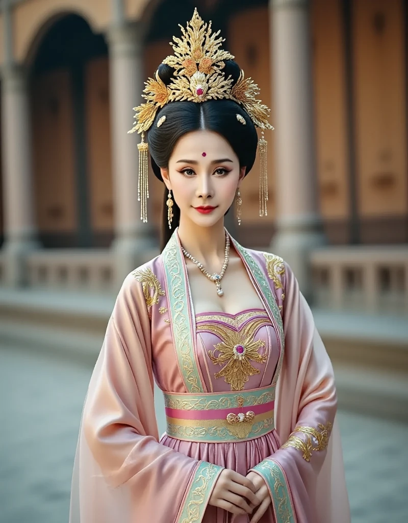 Chinese actress Xu Xun in The Legend of Ruyi (Zhou Xun) A Qing dynasty Empress standing in the foreground, showing her large breasts, her hairy pussy and underbelly, naked without underwear on the cobblestones outside a Chinese palace during the Qing dynasty、Chinese empress hairstyle big crown