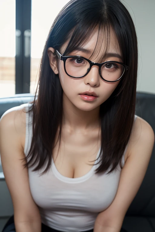 solo, a girl, 20 years old, giant breasts, black eyes, long hair, glasses, portrait, 
