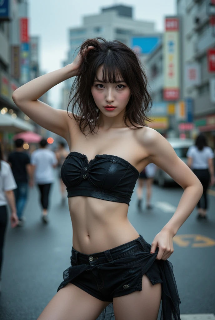 a woman covered in intricate white cybernetics, blue led lights, battle suit, cleavage, high tech, ultra high def, 32k, (Bikini Cyborg robot parts), (detailed:1.4), cyberpunk city background, rainy street, beautiful face, golden long hair, professional lighting, masterpiece, very delicate and beautiful, professional photograph, (smiling:0.5)
