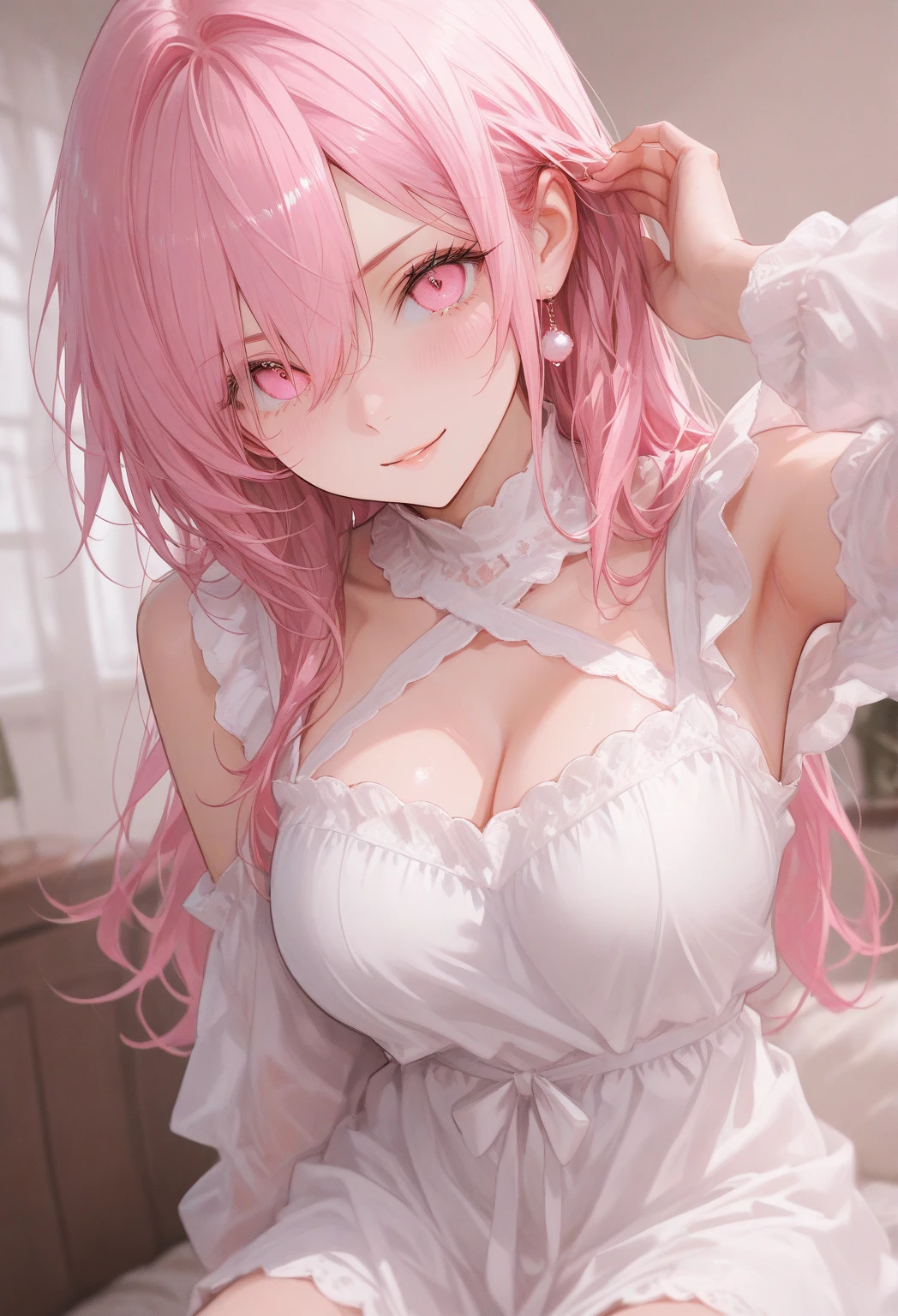 (masterpiece),(best quality),(ultra-detailed),(best illustration),(best shadow),(absurdres),(detailed background),(very aesthetic), 1girl, solo, blue-eyes, ((long-hair)), braid, boots, pink-hair, breasts, twin-braids, smile, open-mouth, cleavage, choker, large-breasts, full-body, bare-shoulders, looking-at-viewer, simple-background, hairband, blush, armor, gloves, white-dress, knee-boots, standing
