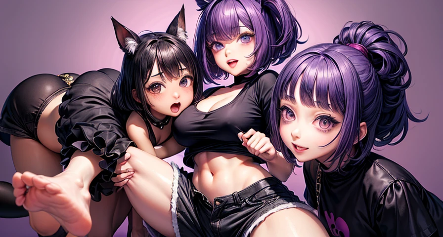 Erotic lingerie，Bare legged，Stick out your tongue，get down on the bed，Lick the lollipop，Saliva drawing，The body is sprinkled with mucus，Three people，