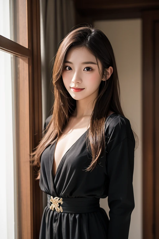 highest quality, figure, super detailed, finely, High resolution, 8k wallpaper, 完璧なダイナミックな構figure, beautiful skin, (big eyes), 20 year old beautiful girl, natural color lip, (sexy pose), mid chest, smile, Highly detailed face and skin texture, Detailed eyes, Double eyelid,leaking teeth and laughing, close-up, from side, medium black hair, (black blouse:1.2), beautiful scenery