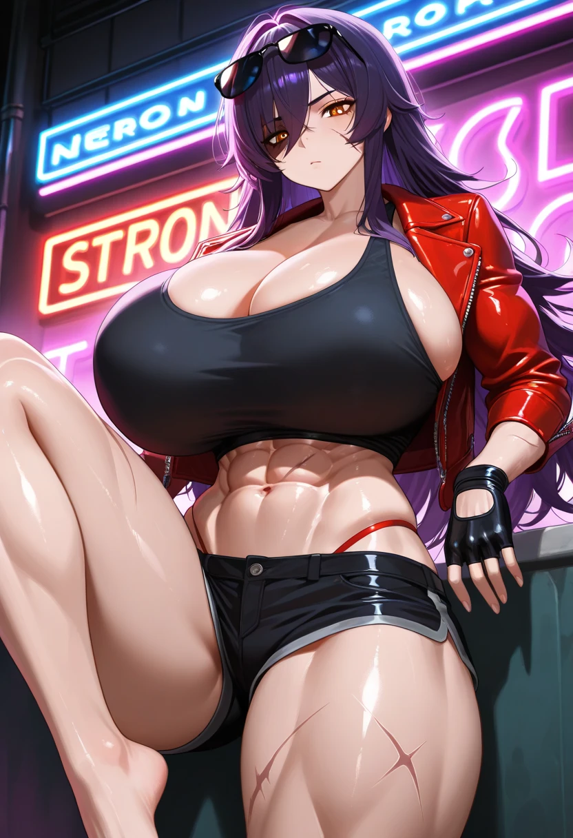 (masutepiece),(Best Quality), Katsuragi Misato, 、Colossal tits、Big breasts、((Smaller head)）、a red jacket、1 female、Urban streets、Black leather underwear、With your back turned、Turned、Big ass，Huge breasts，Textured skin、extremely detailed eye and face、beatiful detailed eyes、二重まぶた、huge filesize、(Increase the beauty of skin texture:1.1)、hight resolution、highlydetailed skin、top-quality、8k wallpaper、电影灯光、large boob,Seductive underwear、I can see the chest