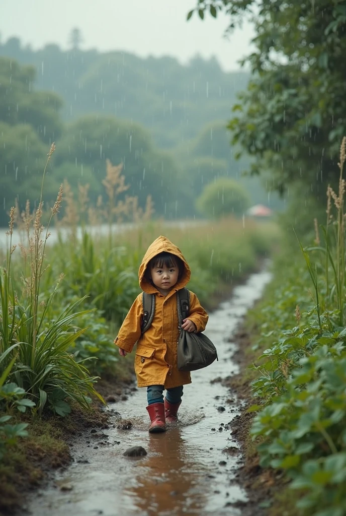 A Boy standing in a road during Rain