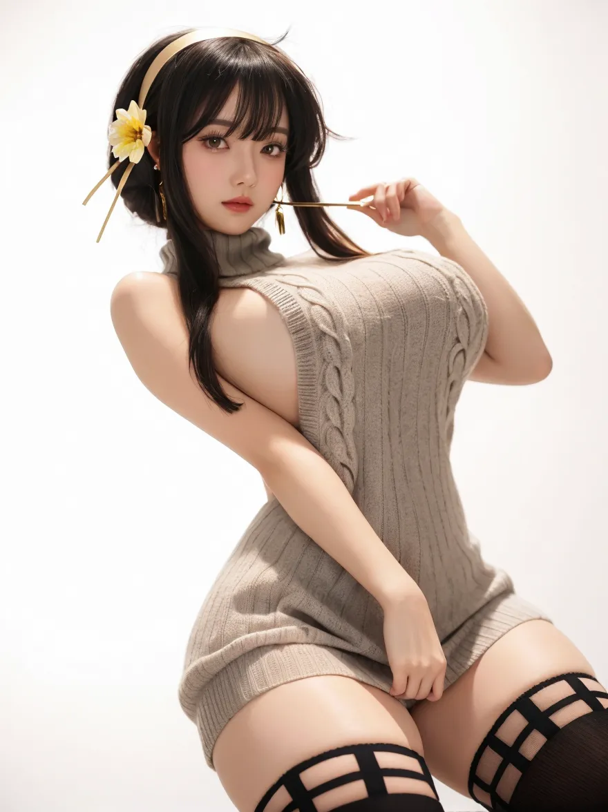 masterpiece, Highest quality, One girl, short ponytail、black hair、virgin killer sweater, (sweater dress:1.2), ribbed sweater,sideboob,cleavage cutout, turtleneck sweater,(broen sweater:1.3),(crop top navel:0.8)、sleeveless,gentle smile、Very sexy、upper body,from front,huge breasts