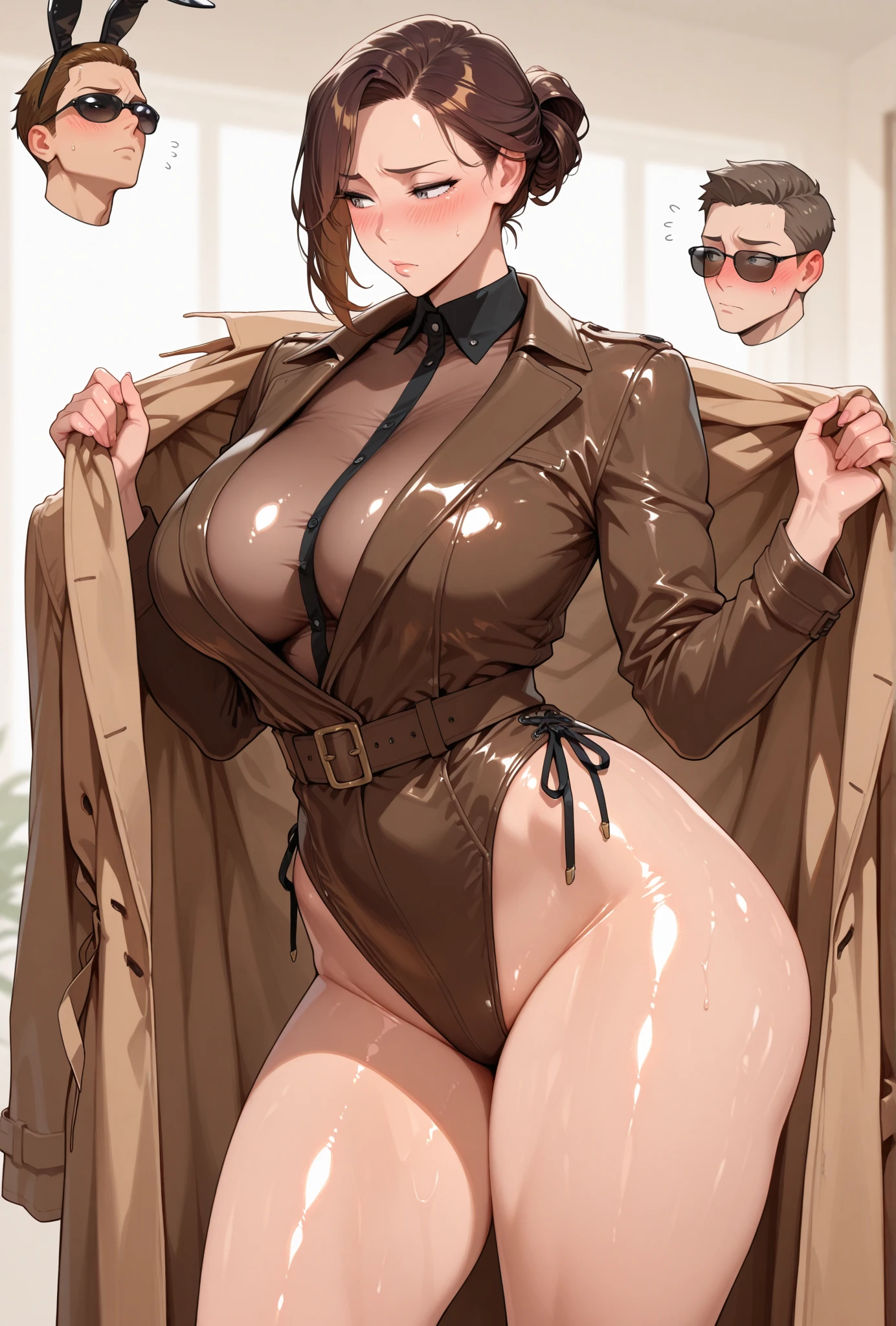 Solo, female, standing, canine, domestic dog, white fur, (((brown hair, brown eyes))), short hair, (snout), big breasts, ((tall, large, meaty thighs)), cameltoe, yellow leotard, cropped parka, by bebebebebe, hands behind back, fluffy, glasses