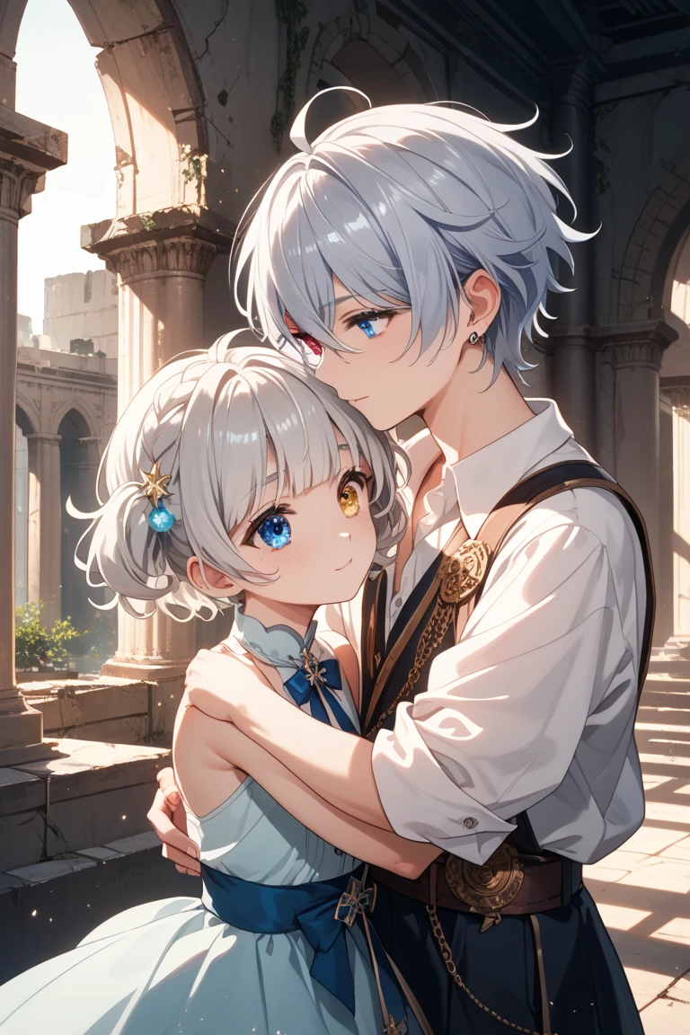 Generate a photo,Best quality, tmasterpiece, A boy was holding a little girl in his arms, and this boy was 18 years old and tall, Short gray hair and blue eyes, Expression concern, The girl is short in stature, Short white hair, blue eyes, Expression of grievance