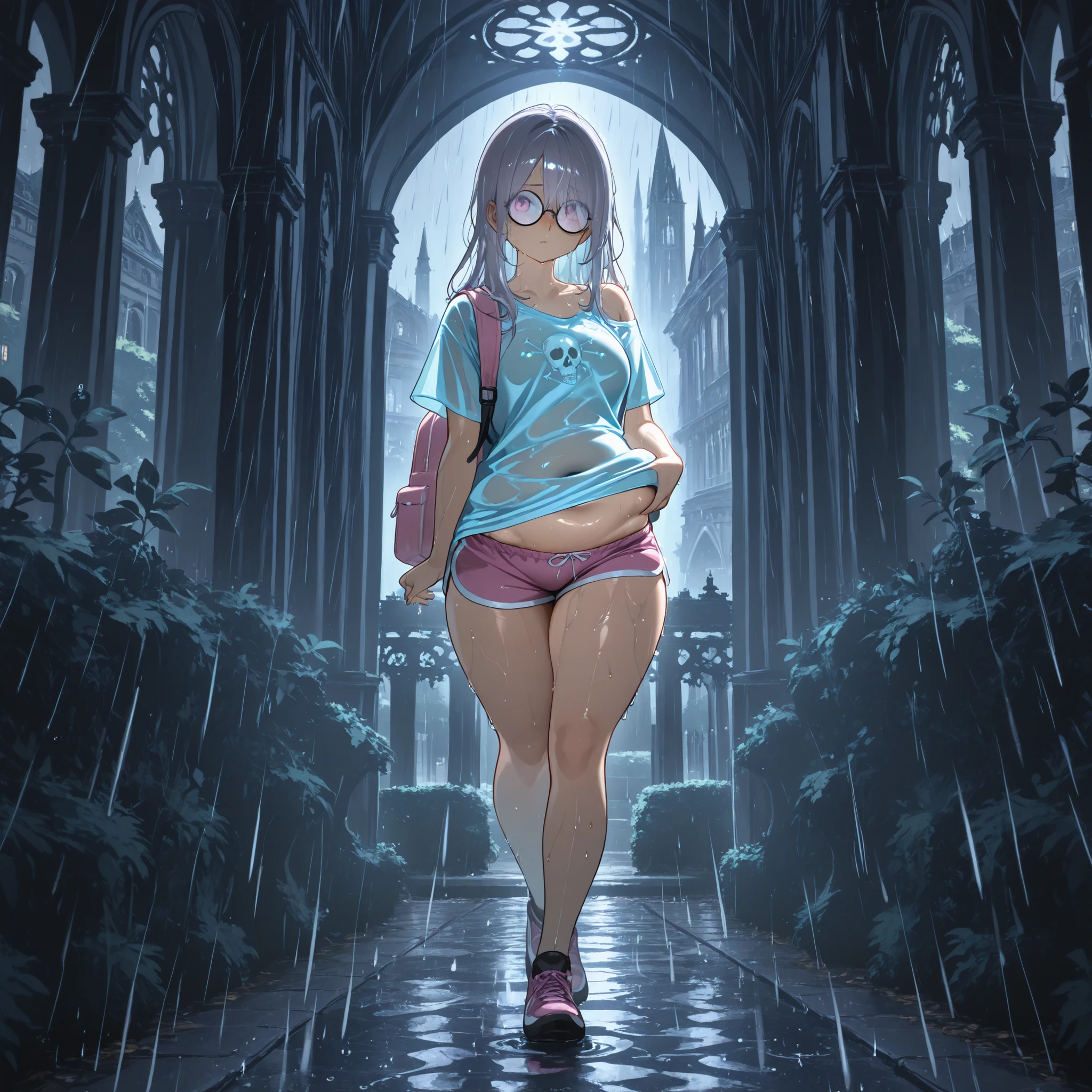 1girl, dark medium length hair, (walking forward) (belly lift:1.1) (wearing kakhi dolphin shorts, light blue t shirt with a skull graphic on it, small circular glasses, large pink backpack over one shoulder), (midriff peek) (arched back), (love handles) , (double belly:1.2) (fat face:1.1), covered navel) (college campus background, (college gothic architecture buildings covered in ivy in background, tall oak trees, decorative hedges), , (aquiline nose), eyes visible through hair, solo, (), (full body shot), best quality, masterpiece, (score_9), (score_8_up), (score_7_up), (weight conscious emotions:1.1), (nauseated emotions:1.2), perfect shadows , masterpiece, best quality, 8K, detailed, (specular thunderstorm lighting), (rain and thunderstorm), (wet hair) (wet t shirt) (top part of belly wet, shoulders wet, chest wet on top) (shielding her eyes from the rain)