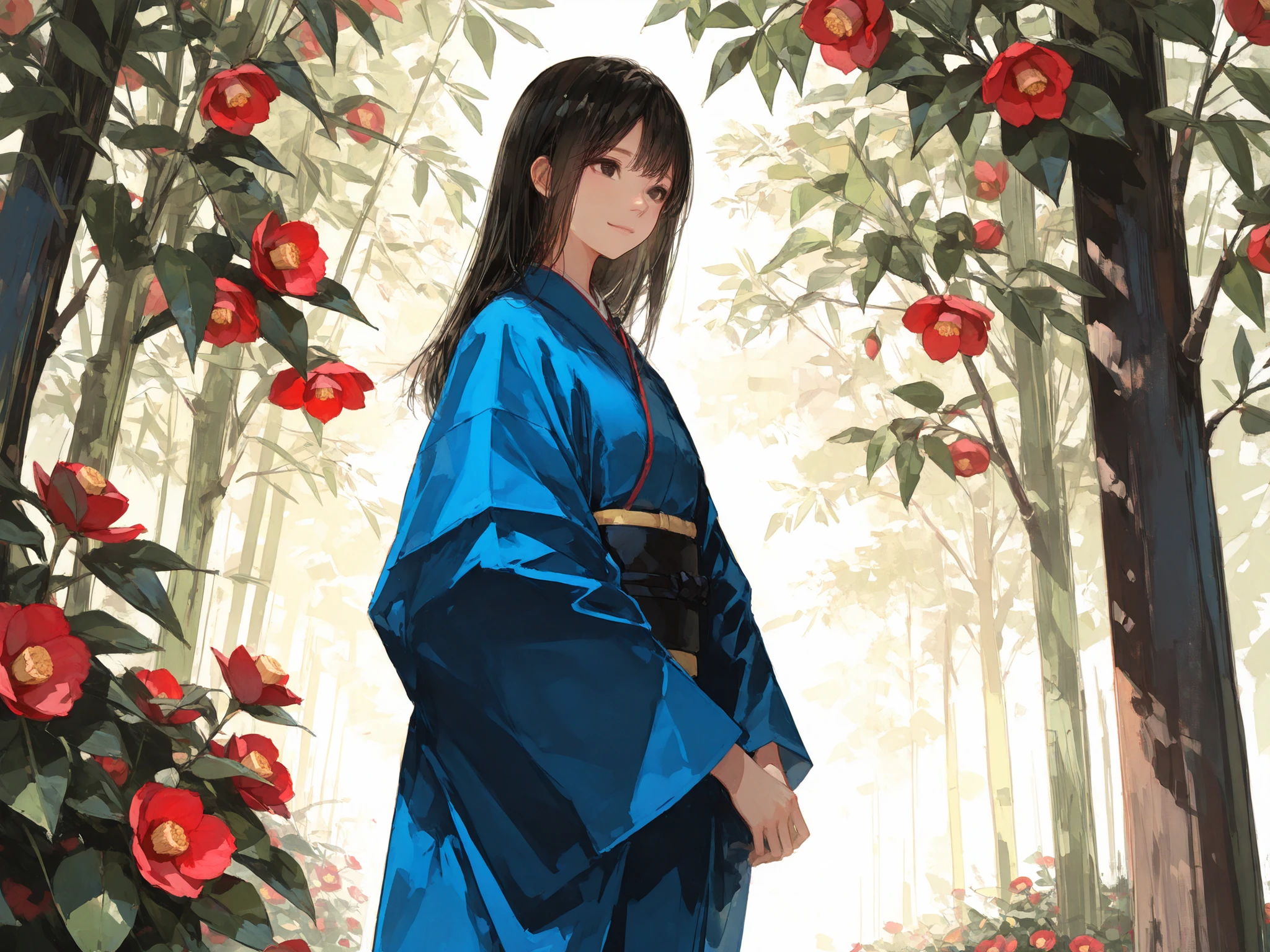 medium shot, dutch angle, makes an aesthetic, Master piece, Best Quality, ultra detailed, a beautiful girl, solo, black long hair, silky straight hair, hair oenament, beautiful black eyes, blue kimono, standing beside a tree of Camellia japonica, Camellia flowers are blooming beautifully, light smile, outdoor, greenery, twilight