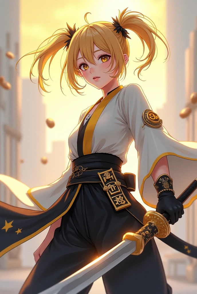 A Japanese-style female character with short yellow hair, wearing a black outfit and a yellow Japanese-style cloak, holding a katana, amidst a city at night with numerous golden lightning bolts, golden light, striking lightning, and golden yellow sparkles.