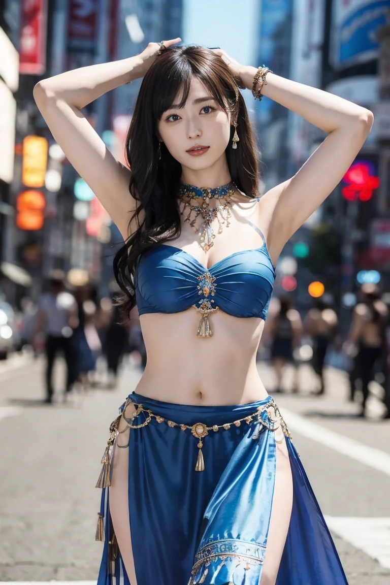 14 years、Highest quality,Very detailed,Realistic,Artistic:1.2,Professional,Twin tail hair,sexy,Charm,cute,Beautiful and beautiful eyes,Dark and beautiful lips,人懐っこいsmile、Droopy eyes((Belly dancer girl dancing on the street)), Charmなお尻,Backwards、butt shaking dance、 bracelet, necklace, Crowded background, 8K, Insane Details, Big Breasts:1.2, (Charmな,Playful,smile:1.2)