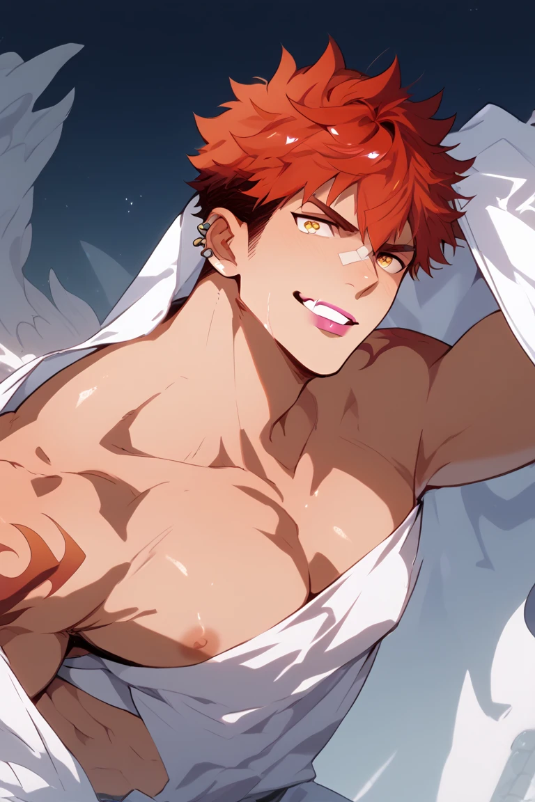 score_9, score_8_up, score_7_up, score_6_up, boy, red hair, bangs, hair down, one eye closed, yawning, shirtless, black shorts, cool, front, fit, looking at viewer, simple white background, concept art, RinotunaYei,