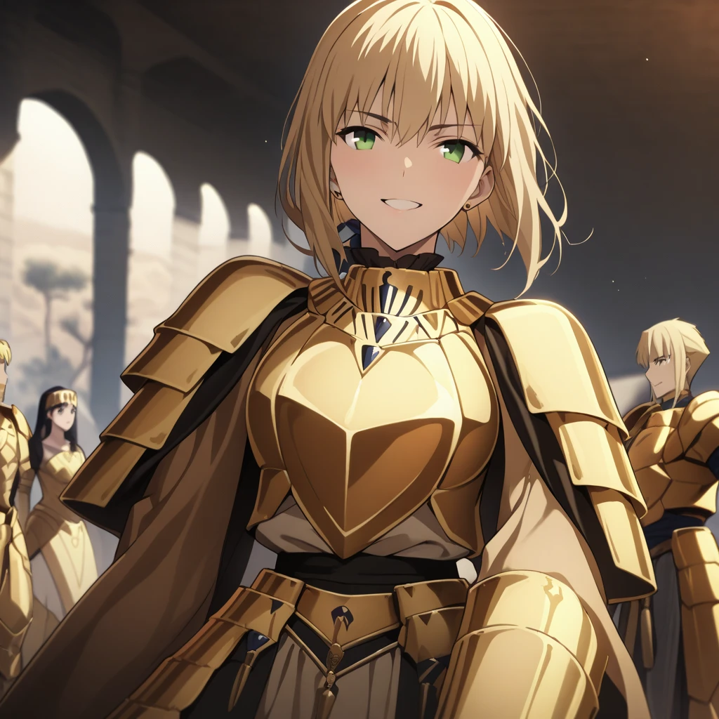 ((top quality)), ((masterpiece)), (details), （perfect face）、Saber, who is blond and green-eyed, has excellent proportions, smiles gently, wears the same luxurious and glittering golden armor as Gilgamesh, is dressed with luxurious accessories from ancient Mesopotamia, and wears an engagement ring that is the beautiful wife of King Gilgamesh, the hero king who is all about his body and mind, and is close to her beloved husband、Fete