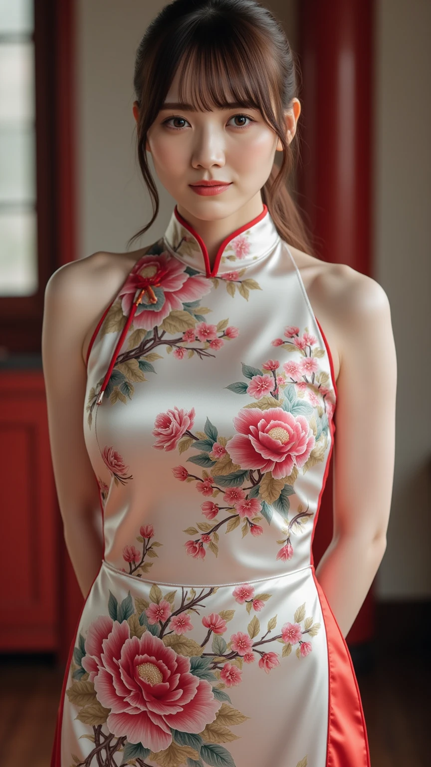(Hyper Real), (illustratio), (A high resolution), (8K), (The is very detailed), (Most Best Illustration), (美丽细致的眼睛), (best qualtiy), (ultra - detailed), (tmasterpiece), (the wallpaper), (详细的脸), Sagging eyes, long whitr hair,huge tit,on cheongsam,Chinese style clothes,The background is indoors,(camel-toe)