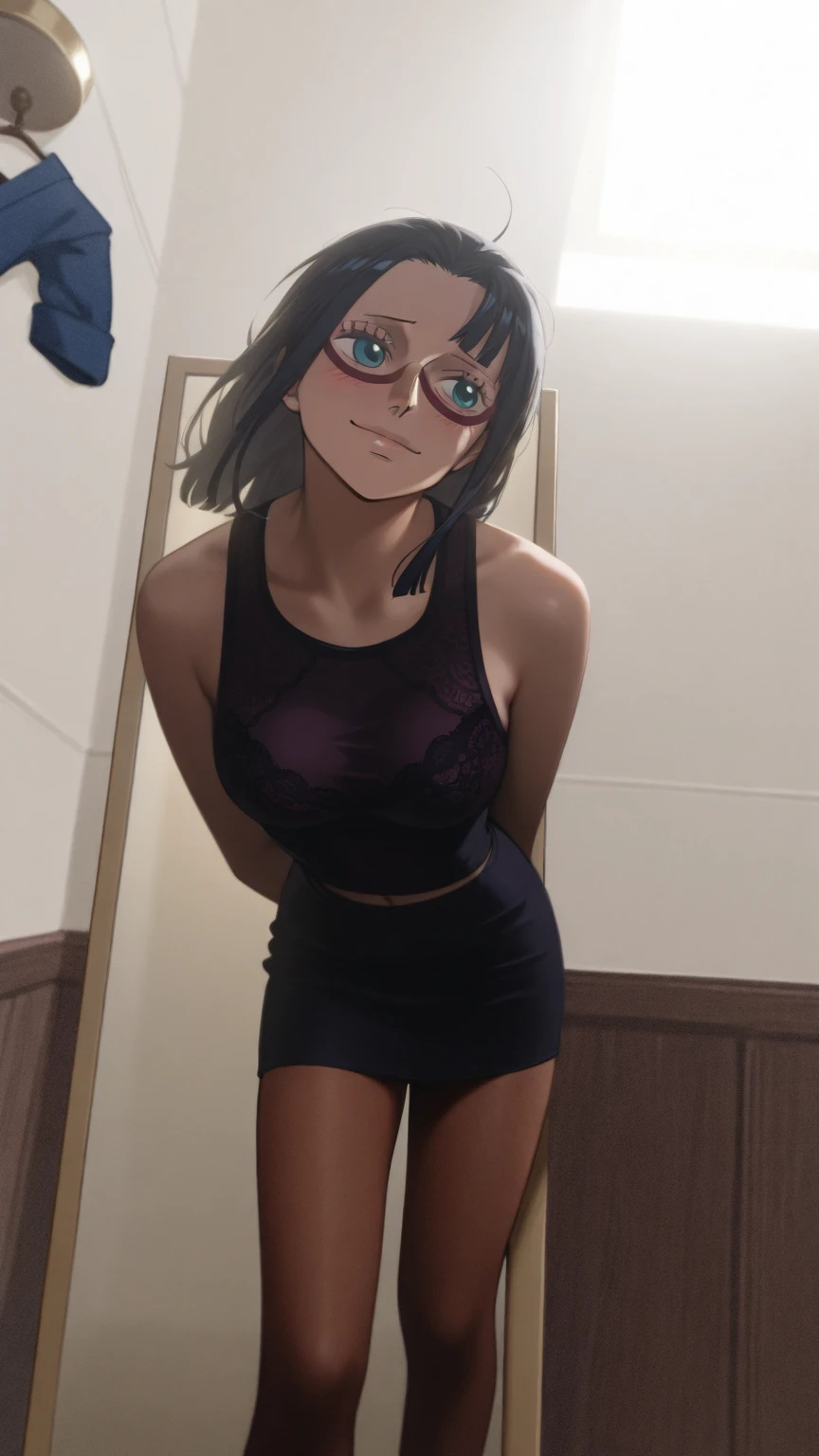 (masterpiece), (8k, best quality, high resolution), (ultra-detailed, realistic), (anatomically correct),
((from head to thighs)), (Standing), (No background),
(1woman), (looking at viewer),
(A Japanese woman, 30 years old and 155cm tall),
(black hair), (straight hair), (short hair style), ((bob cut)), (hair behind ears),
(wear glasses), ((black cell frame glasses)),
((Wear a navy blue spaghetti strap dress)), ((Mini length dress with a simple design and minimal decoration)),
(wear panties), ((white panties)),
(Create a detailed image of the eye),
(Her impression is pure, clean and kind.),
((A captivating smile, just showing a few teeth.)),