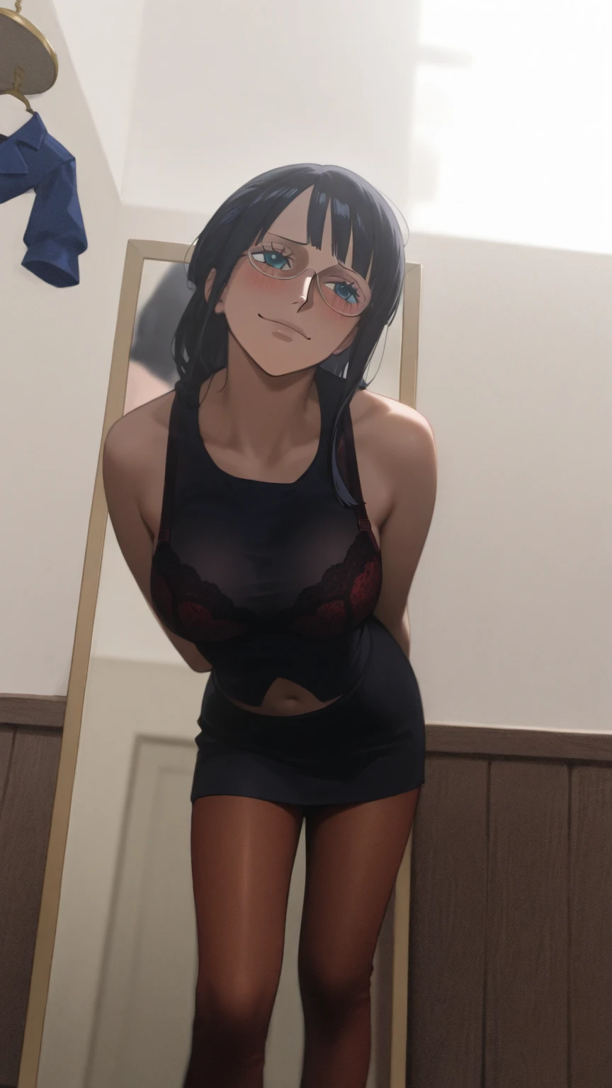 noodles (Gorillaz), masterpiece, best quality, solo, purple hair, medium hair, looking at the viewer, bangs, upturned nose, converse, hair over the eyes, blush, detailed fingers, 5 fingers, sfw, sexy expression, seductive smile, detailed bedroom background, mini skirt, small breasts, long stockings, portrait, crop top, midriff, detailed tummy, standing, detailed between legs, freckles, makeup, legs open, breast teasing, hand behind head, taking off shirt, panties, flirty pose, detailed knees, arm on chest, mesh tights, breast blush, detailed chest, décolleté