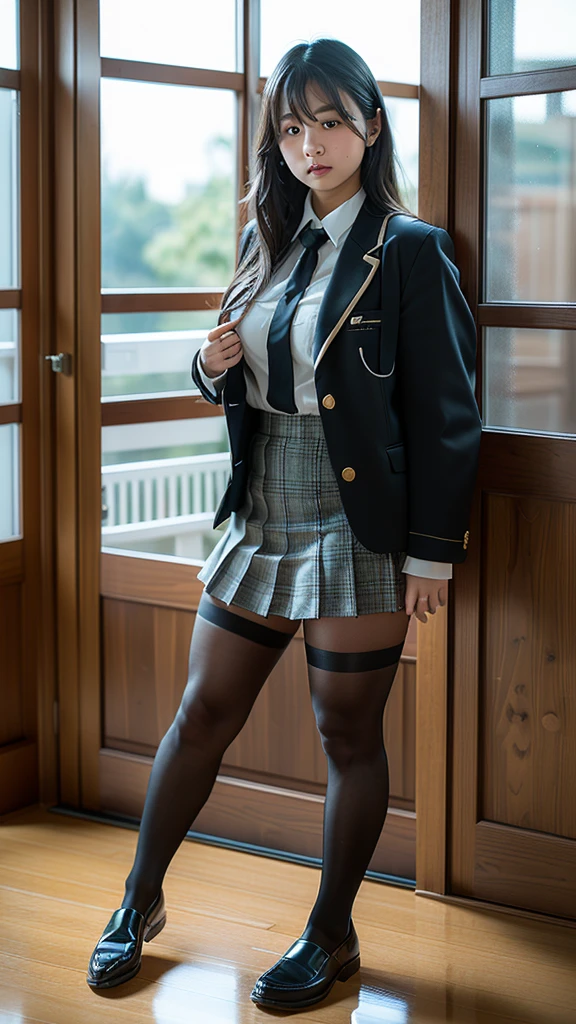 Highest quality、16K,　Ultra high definition、8K、masterpiece、(CANON R5, F1.8, ISO100, 45MP,1/4000)、One Girl、solo、27 age、jk、High school girls、Medium Long Hair、bangs、Brown Hair、Double eyelids、Long eyelashes、Lower lashes、Brown eyes、Watching the audience、Wearing a uniform、White shirt、Navy blue blazer、Green neck ribbon、Unbutton your shirt 1:2、A glimpse of her pink bra、Navy blue and white checked pleated skirt、A miniskirt that barely covers the top of the thighs、Thin arms、Long, slender legs、Navy blue socks、Black loafer shoes、Coming down the hill、Full Body Shot、Looking down at me with a provocative gaze、proportionated body, [The character is surrounded by mist, evoking a mysterious and eerie atmosphere. The lighting is dark and atmospheric, with a red smoke adding a touch of sinister ambiance. best quality image, with a resolution of 8k and HDR enhancement, showcasing the utmost level of detail and realism, sfw, full body shot]. [Best Quality, Masterpiece, Ultra High Resolution, (highly detailed CG unity 8k wallpaper), (best photo), (best shadows), isometric 3D, octane rendering, ray tracing, highly detailed, (Best quality, 8k, high resolution, masterpiece:1.2), absurdity, masterpiece, ultra detailed, (realistic, photorealistic, photorealistic:1.37), complex parts, HDR, (complex parts:1.12), (hyper detailed, hyper realistic, Soft lighting, spicy:1.2), (complex parts, Hyper detailed:1.15). Blurred foreground. (backlit), high quality, brightness, chromatic aberration, 8k uhd, some smoke, shadows, contrast, clear sky, (warm hue, warm tone), high details, natural reflections].