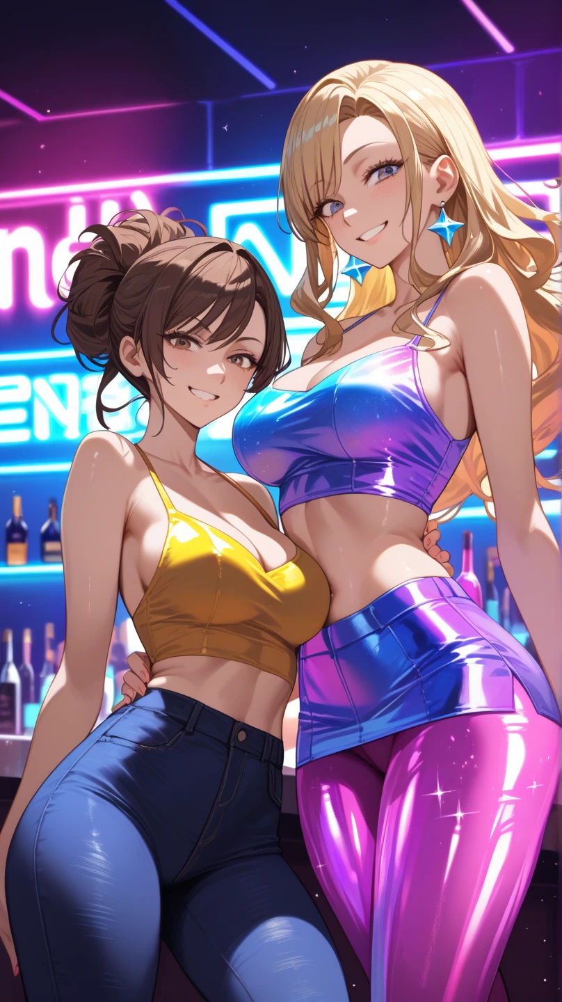 detailed, highres, ((1girl only)), bw2elesa, black hair, streaked hair, long sidelocks, hair ornaments, headphones, yellow jacket, puffy jacket, crop top, yellow and blue shorts, public, catwalk (modelling), indoors, pokemon gym, nimbasa city gym, full body, ((she has a slender body)), ((she is alluringly lifting her top with one hand and pulling her short with her other hand almost showing her full breasts and vagina)), standing, bright almond eyes, blue eyes, (sweat), pulling own clothes, ((crop top lift)), alluring, (left hand pulling shorts down halfway), cleft of venus, teasing, nipple slip, very small breasts, pulling own clothes, looking at viewer, background blur, dutch angle, sexy, dark background, colored lights, borderline nude, erotic