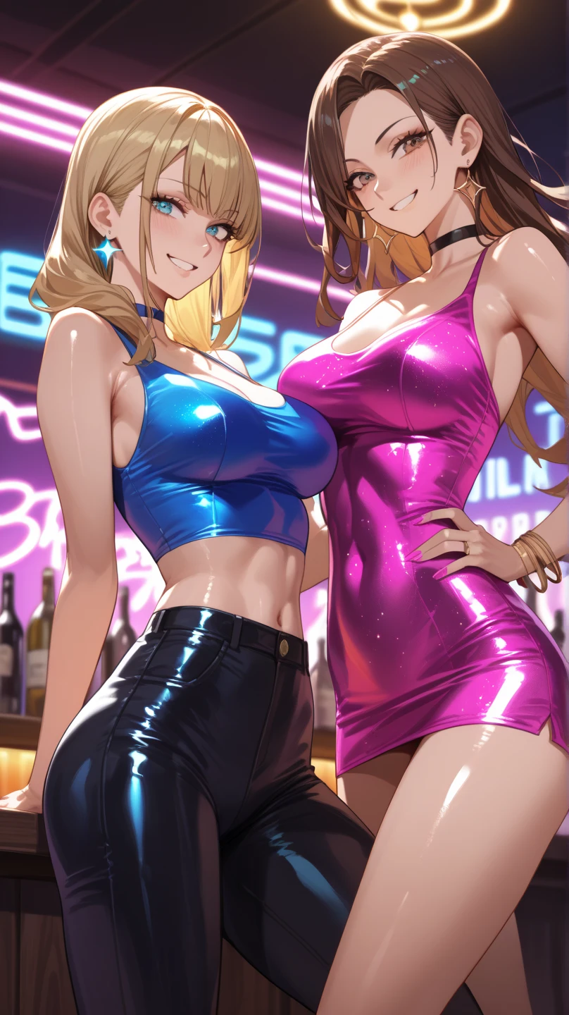 1 girl, solo, playing 8 ball pool, holding pool cue, pool table, Big round breasts, curvy hips, hourglass waist, realistic, bright blonde hair, light green eyes, amazing big eyes, eye details, eyebrow details, crop top, pink skirt, parted lips, blush, confident, dominant, bdsm, smirk, naughty, mischevious face, HD, good quality