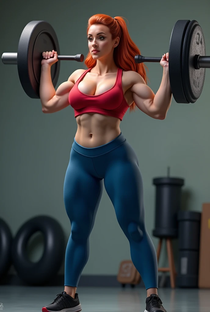 ((Full body photo)), ((head to toe photo)),(Hyper-detailed, insane details, Beautifully color graded, Unreal Engine, DOF, Super-Resolution,Megapixel, Cinematic Lightning, Anti-Aliasing, FKAA, TXAA, RTX,SSAO,Post Processing, Post Production, Tone Mapping, CGI, VFX, SFX),(masterpiece, gym scene at sunset:1.3), (22 year woman with wavy and shiny red hair cascading over her shoulders), (beautiful green eyes with a sensual look), ((full lips bright )),(with huge but firm breast), (muscular woman with huge round firm ass, with huge but firm breastuscle women), (huge round firm ass), (dynamic perfil pose), ((wearing tight jeans, lifts ass and transparent bra))