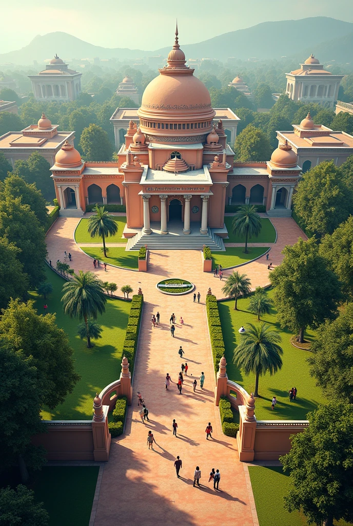 A stunning, expansive garden in the heart of Samarkand, with lush greenery, vibrant flowers, and people gathering together in peace and harmony.