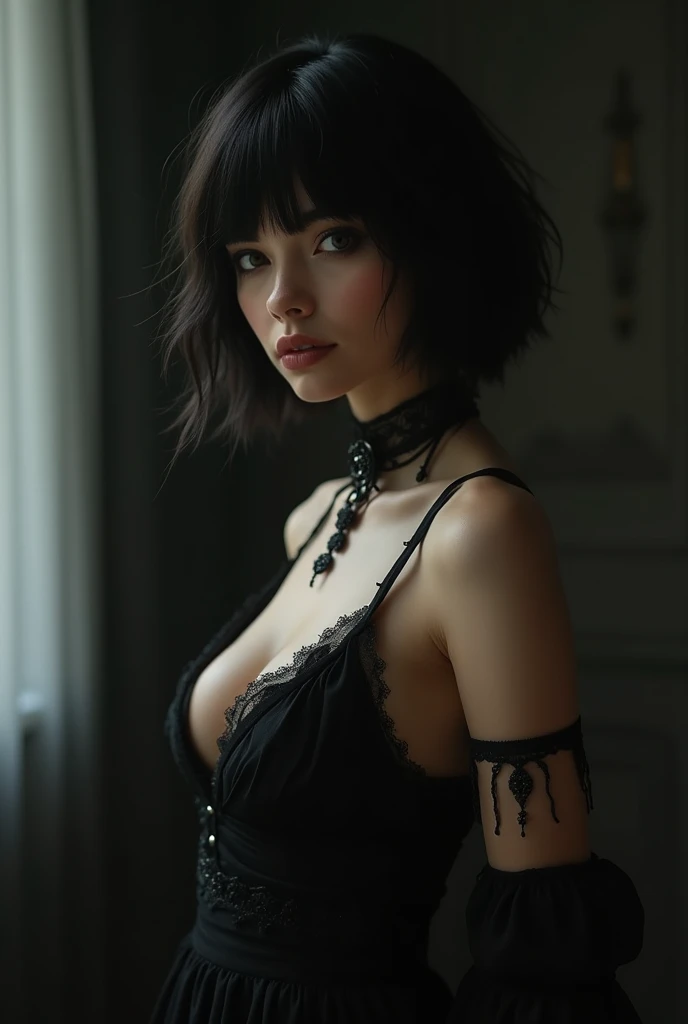 A young woman with short, wavy black hair and bangs. She has bright brown eyes and fair skin with prominent freckles. She is dressed in a black gothic lace dress, exuding a slightly melancholic and fiery expression, with large breasts and cleavage showing, seated on an armchair and posing in a slightly dimly lit environment.