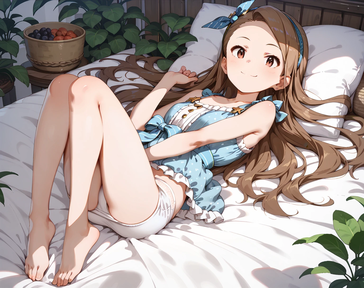 a girl lying inside a cardboard box, she has her hands and feet tied, 1trainerleaf1, sleeveless shirt, black wristbands, visible thighs,thick thighs,red skirt,blue shirt, brown eyes, innocent look, View from above, gift bow