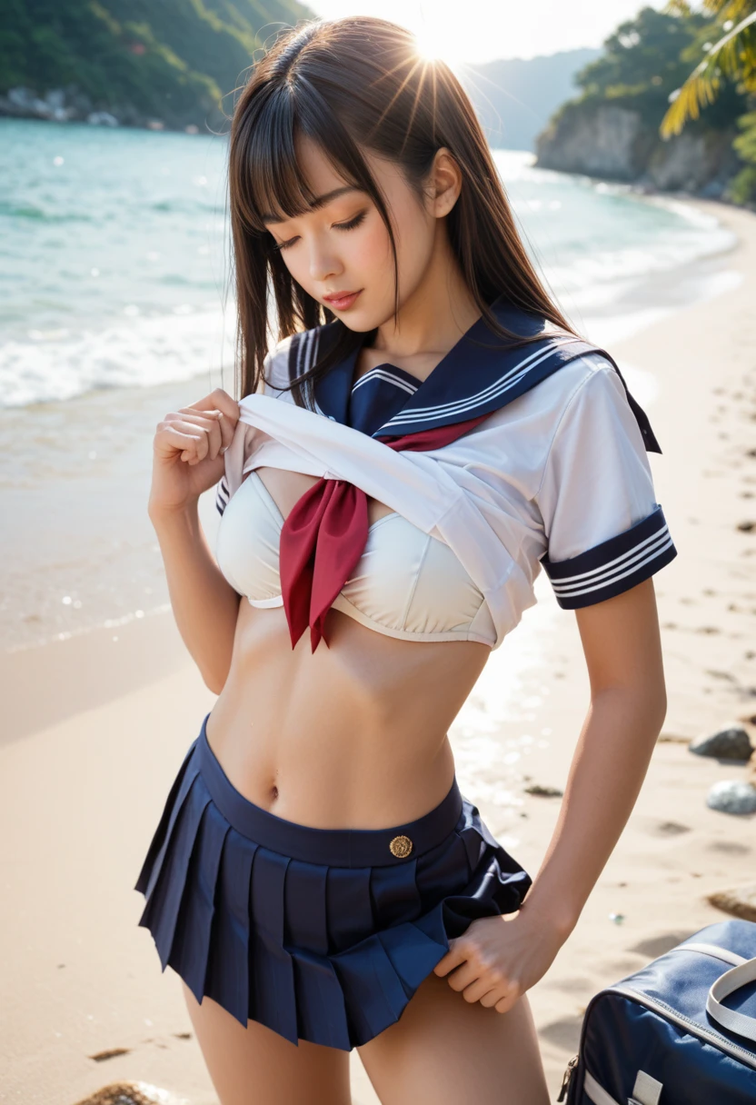 8K, masutepiece, Raw photo, Best Quality, Photorealistic, depth of fields, Cinematic Light, (beautiful countenance, Beautiful lips, beautidful eyes:1.5), Detail Face, ((Ultra detailed skin)) 1girl in, In the Dark, deepshadow, cute little18years old、japanaese girl, JPOP Idol, a sailor suit、One girl in uniform,Keep your hair up、 (Very slim and slender fit muscular body:1.3), ((Looking at Viewer)),(Big smile:1.3), (Neon sign), (Blurred background), (Fashion Street Night),(No people in the background:1.4), Beautiful earrings, Bracelets, Necklace, Walking, (pale skin), (Big eyes), Walk here, (Brown hairs), (Full body shot), ((Black Silk Dress:1.3)), ((a sailor suit:1.4)), (Looking at Viewer:1.3) 、(Short skirt length、The wind twisted the hem of my skirt:1.4)、opened breast, Very slim, medium breasts, backtrack, (Back shot), ass forcus, Before the eyebrows,(Tight Dress), (Tight buttocks、thick thighs:1.5)。(((I came down the pedestrian bridge)))