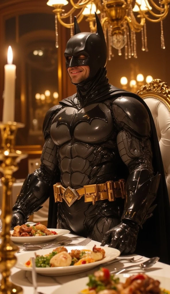 Batman in indian room watching tv and eat samosa