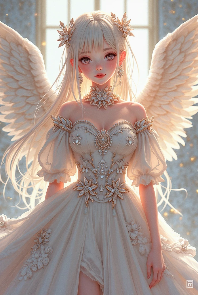 (full body shot of:1.4),white backgrounid,(1 angel girl,shiny wings,The halo,Delicate headgear,ssmile),(paper art,Quilted paper art,Geometry),(plethora of colors,Best quality,high detal,tmasterpiece,Cinematic lighting effects,4K,Chiaroscuro)
