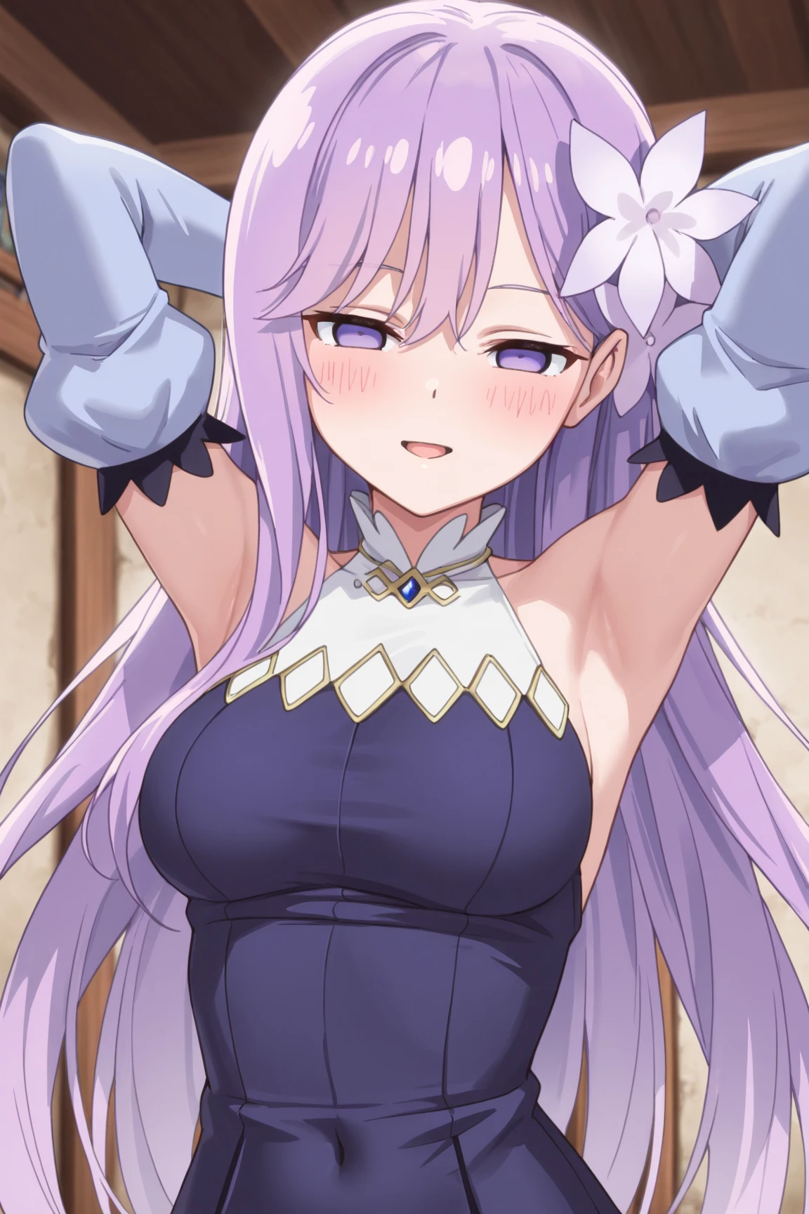 in a dark room with columns and lights behind her,
Standing, at attention,
white_dress,wedding_dress,bridal_veil,bare_shoulders,elbow_gloves,
single_horn,demon horn,
purple_hair,purple_eyes,rose,
1 girl, 20yo,mature female,Beautiful Finger,Beautiful long legs,Beautiful body,Beautiful Nose,Beautiful character design, perfect eyes, perfect face,
looking at viewer,
NSFW,official art,extremely detailed CG unity 8k wallpaper, perfect lighting,Colorful, Bright_Front_face_Lighting, ((presenting armpit, arm up, sweating armpit, opened clothes))
(masterpiece:1.0),(best_quality:1.0), ultra high res,4K,ultra-detailed,
photography, 8K, HDR, highres, absurdres:1.2, Kodak portra 400, film grain, blurry background, bokeh:1.2, lens flare, (vibrant_color:1.2)
(Beautiful,large_Breasts:1.4), (beautiful_face:1.5),(narrow_waist),