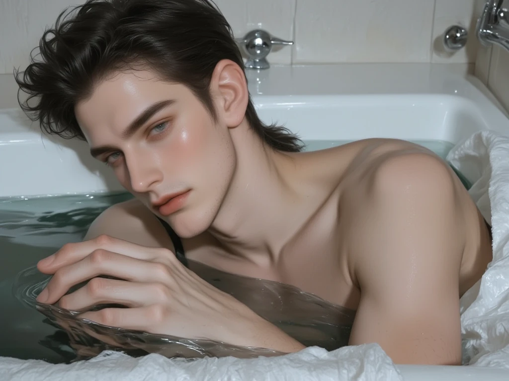 Man bathing naked in the bathtub l