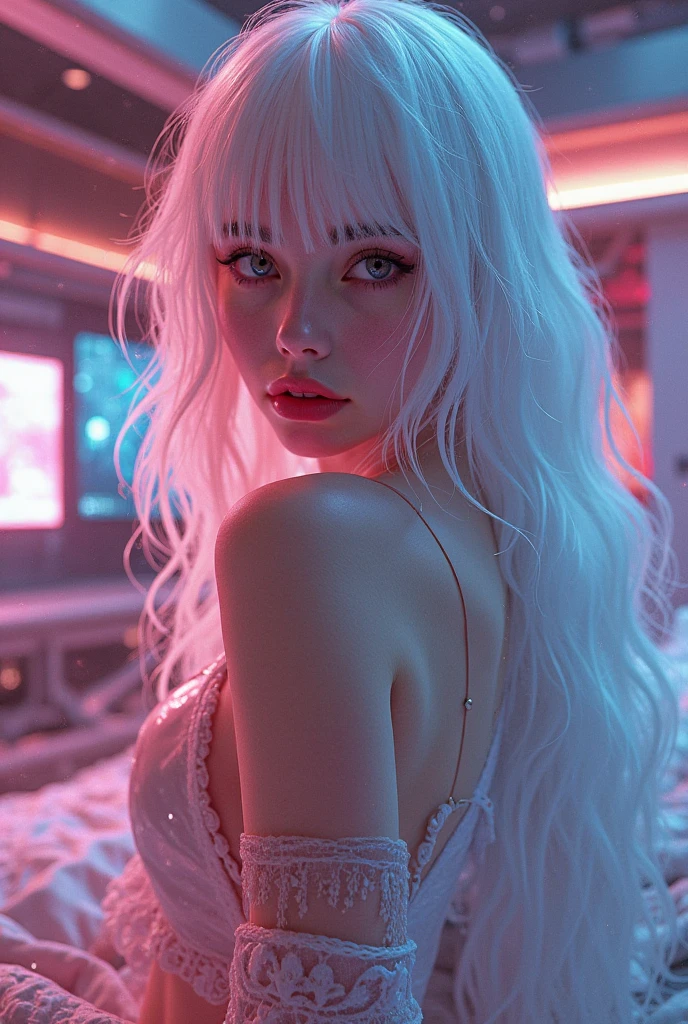 sitting on a chair in a cyberpunk room in a very sexy futuristic outfit with her legs crossed、(RAW shooting:1.2)、(Photorealsitic:1.4)、(masterpiece:1.3)、(top-quality:1.4)、bright expression、extremely beautyful girl、Extraordinary beautiful girl、Detailed cute and beautiful face、Beautiful bangs、Glowing white shiny skin、facial hairs、Bangs that extend to the face、Bangs between the eyes、Super long hair、Attractive light and dark platinum blonde super long straight silky hainer hair、Attractive glowing beautiful bright clear light blue big eyes、Luxurious dresses、Double eyelids、Lush bust、sitting on a chair in a cyberpunk room in a very sexy futuristic outfit with her legs crossed