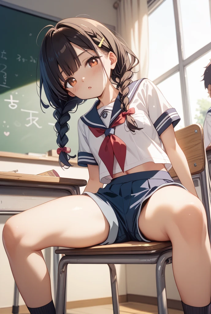 nsfw,alone, (One girl), Elementary school girl,8-year-old, ((White panties)), (wearing only the top half of sailor school uniform), Sailor with un-folded hems, sexy, (Cowboy Shot), ((Put your arms behind your head)), classroom, With a girl:hair is black and short, Her face is round and cute, Black Hair, Low twin tails,(Shy, Embarrassing),(Sit on a chair)、Spread your legs、
