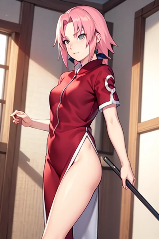 score_9, score_8_up, score_7_up, score_6_up, score_5_up, score_4_up, BREAK, source_anime,
1girl, haruno sakura, pink hair, short hair, green eyes, sleeveless, red shirt, forehead protector, beautiful legs, black gloves,
pussy, bottomless, full body, looking at viewer, solo, konohagakure hidden village background, punching pose, fist up, ((open pussy))