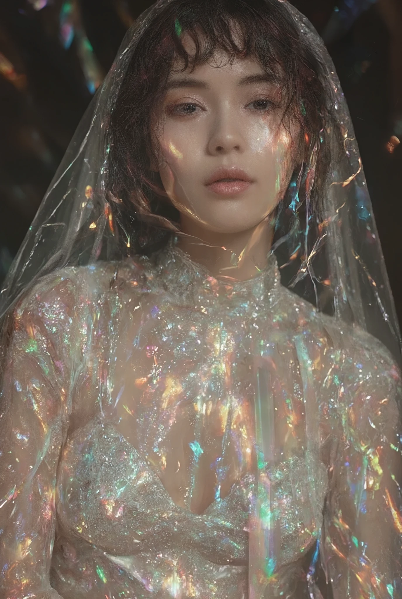 (masterpiece, high resolution, photorealistic), half Asian woman, wedding dress with sheer veil, delicate silhouette, (shimmering vinyl dress:1.4), in dark atmospheric room