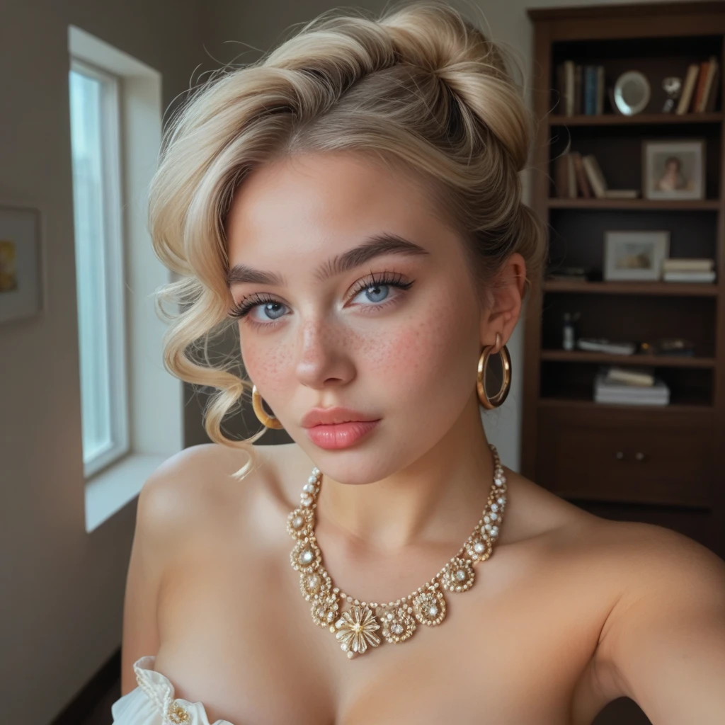 Create an image of a 21-year-old girl with striking white hair, styled in a glamorous updo with loose tendrils framing her face. She is posing elegantly in a luxurious evening gown that drapes beautifully over her curvaceous figure. The gown is made of a shimmering fabric with intricate beadwork and a daring slit up the side. Her expression is poised and sophisticated, with a soft, captivating smile. The background features an opulent interior with grand chandeliers, ornate mirrors, and plush furnishings, adding to the sense of high-class elegance and sophistication.