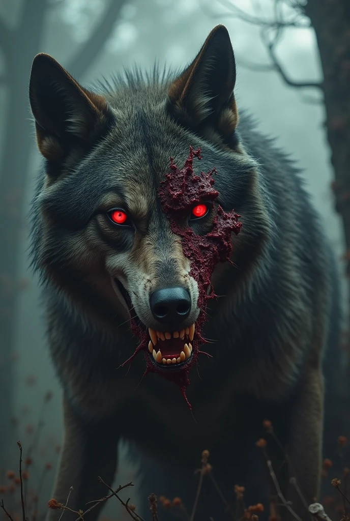 A dangerous and huge wolf who is dripping with blood and has Hero Taufiq written on his chest and it is a dark night and the place is Taj Mahal 
